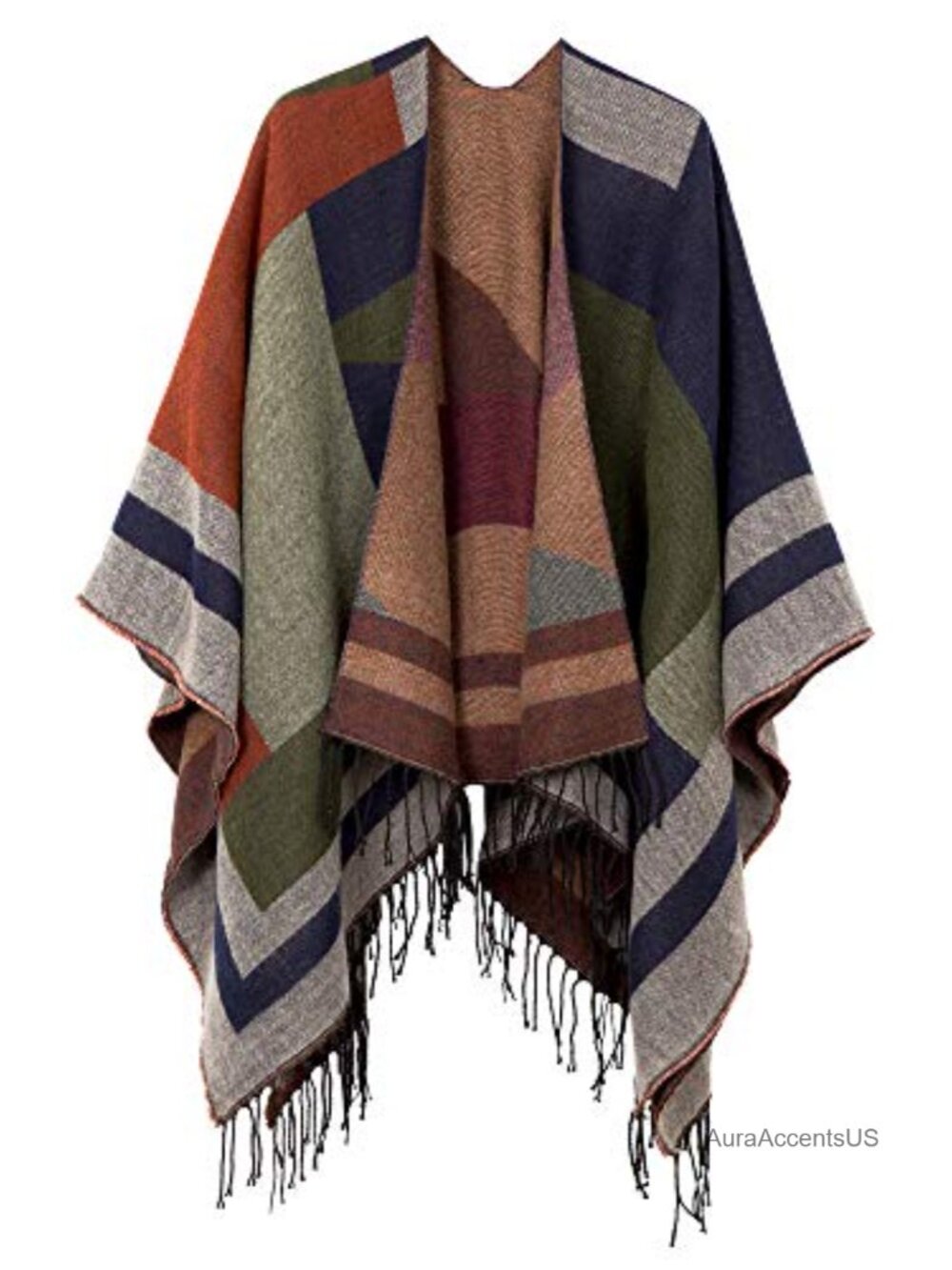 Open Front Poncho Shawl Wrap Reversible Tassel Geometric Print